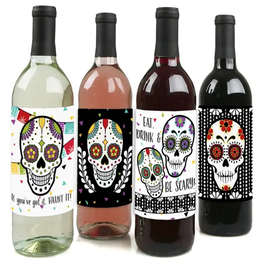 Big Dot of Happiness Day of the Dead - Sugar Skull Decorations for Women and Men - Wine Bottle Label Stickers - Set of 4 {1}