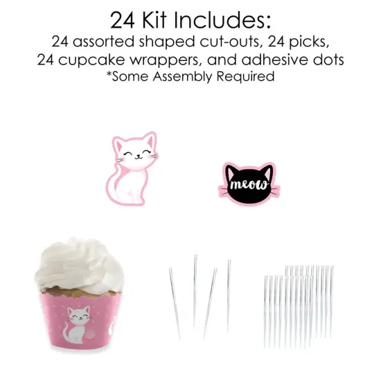 Big Dot of Happiness Purr-fect Kitty Cat - Cupcake Decoration - Kitten Baby Shower or Birthday Party Cupcake Wrappers and Treat Picks Kit - Set of 24 {6}