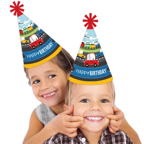 Big Dot of Happiness Cars, Trains, and Airplanes - Cone Happy Birthday Party Hats for Kids and Adults - Set of 8 (Standard Size) {3}