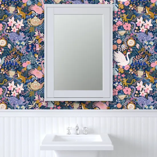 Pre-Pasted Wallpaper 2FT Wide Maximalist Tea Party Whimsical Chintz Pink Purple Mustard Swans And Flamingos Custom Pre-pasted Wallpaper by Spoonflower {6}