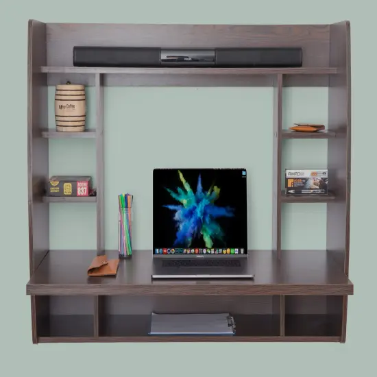 Versatile Wall Mount Floating Computer Desk - Stylish and Space-Saving Writing Study Table with Shelves - Ideal for Living Room, Bedroom, and Home Office Brown {4}