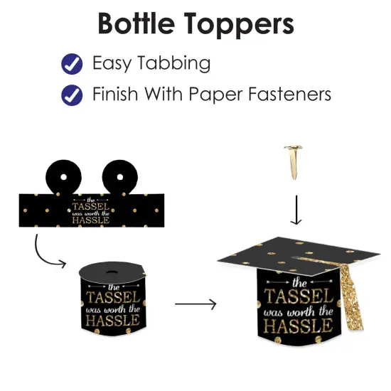 Big Dot of Happiness Tassel Worth The Hassle - Gold - DIY Grad Cap Graduation Party Bottle Topper Decorations - Set of 20 {7}