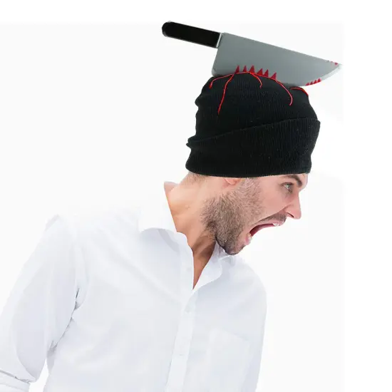 Zombie Scary Knife Hat - Bloody Zombies Horror Costume Accessories Beanie Hat with Large Butcher Weapon Black {2}