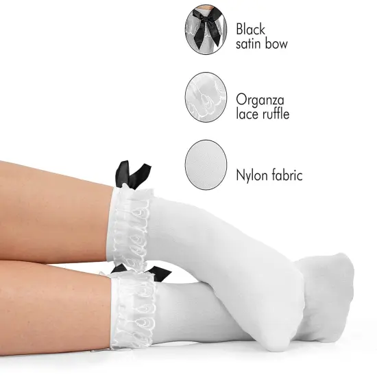 White Ruffled Anklet Socks - Frilly White Opaque Lace Ruffles Top Trim Bobby Sock With Black Satin Back Bow {5}