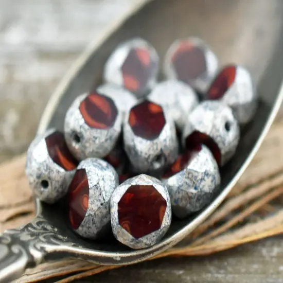 *15* 8mm Antique Silver Washed Lady Bug Red 2 Cut Fire Polished Faceted Round Beads {2}