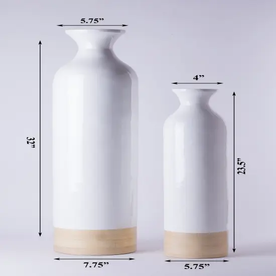 Elegant Black or White Cylinder Shaped Tall Spun Bamboo Floor Vases, Embellished with a Glossy Lacquer, and Enhanced with Natural Bamboo Finish - Stylish Home Decor, Heights of 31 and 23.5 Inches Set of 2 White {4}