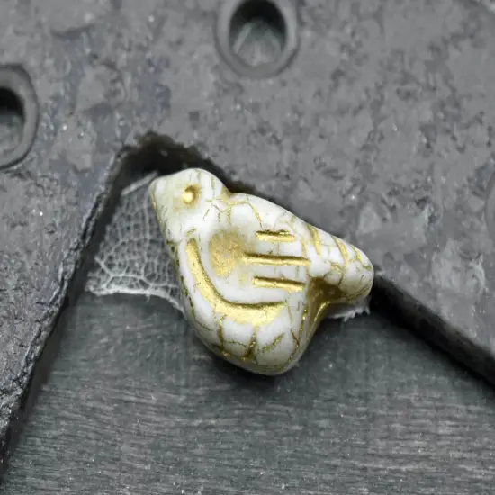 *6* 11x22mm Gold Washed Matte White Luster Bird Beads {3}