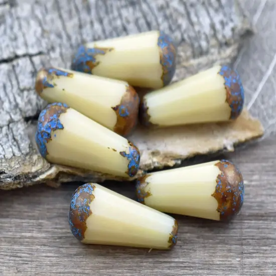 *6* 8x20mm Turquoise Etched Opaque Beige PIcasso Faceted Drop Beads {1}