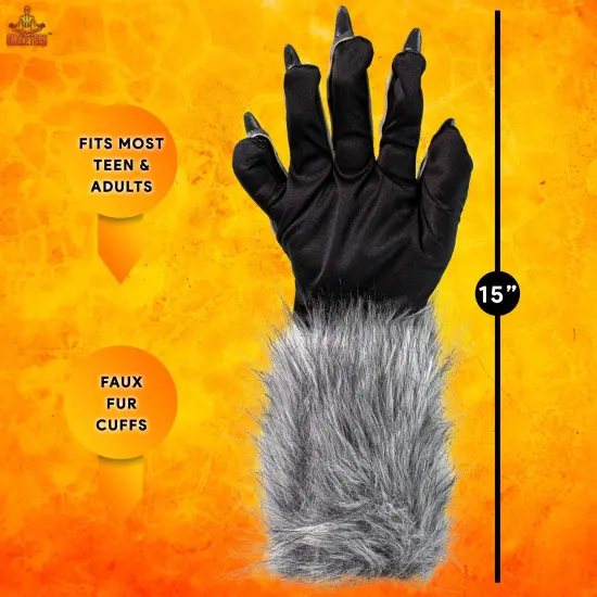 Werewolf Hand Costume Gloves - Grey Hairy Wolf Claw Hands Paws Monster Costume Accessories for Kids and Adults {5}