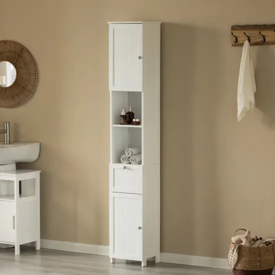 White Tall Standing Bathroom Linen Tower Storage Cabinet for Bathroom and Vanity {2}