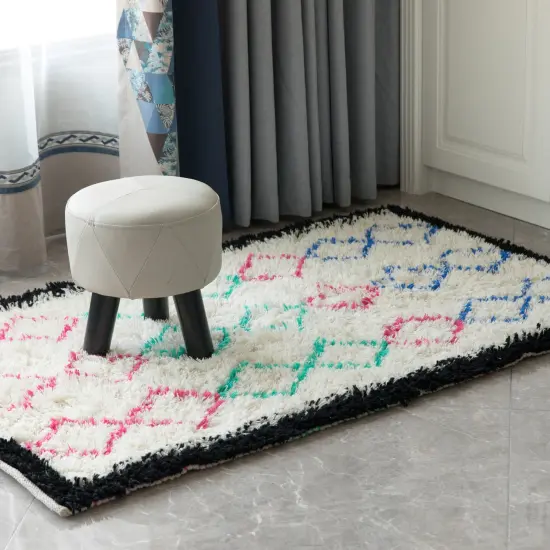 Handwoven Multicolored Geometric Trellis Plush Wool Shag Area Rug, 3' x 5' {5}