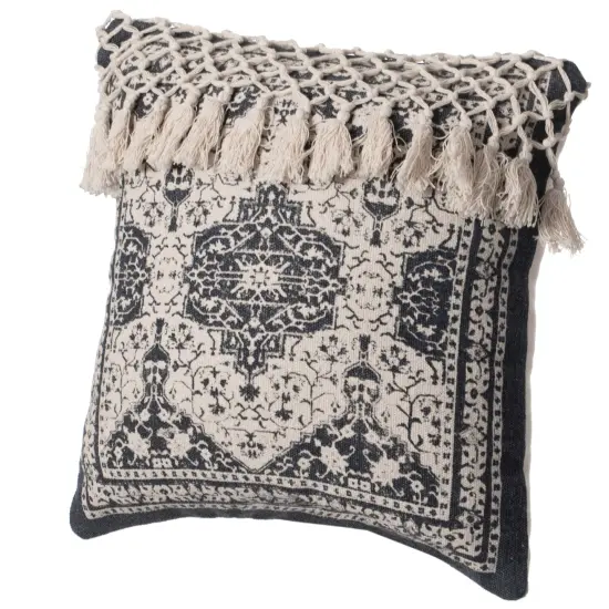 16" Handwoven Cotton Throw Pillow Cover with Traditional Pattern and Tasseled Top Navy {1}
