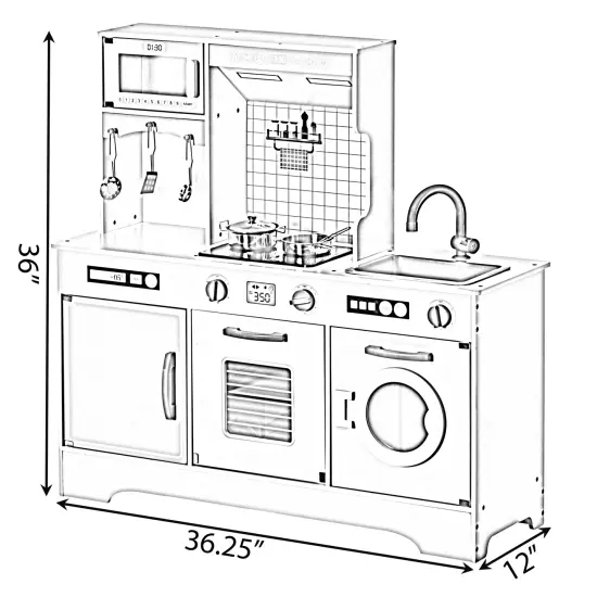 Wooden Play Kitchen Toy, Light on Microwave, Cabinet, Washer, Sound Electronic Stove, Microwave and Sink Ages 3+ {5}