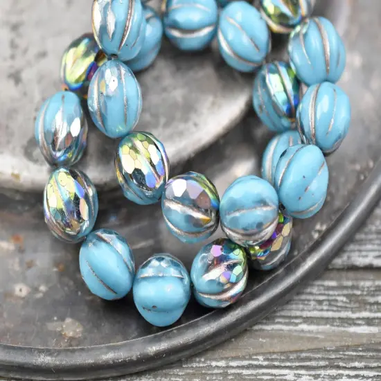 *12* 10mm Metallic Beige Washed Opaque Sky Blue AB Faceted Round Melon Beads {3}