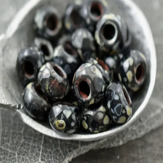 *25* 5x8mm Jet Picasso Faceted Large Hole Rondelle Roller Beads {3}