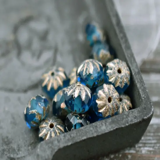 *25* 6x9mm Etched Gold Washed Pacific Blue Cruller Rondelle Beads {5}