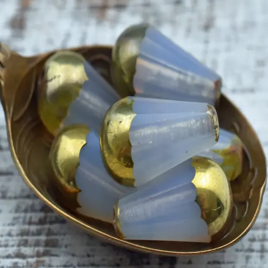 *8* 8x15mm Gold Tipped Milky White Picasso Faceted Drop Beads {2}