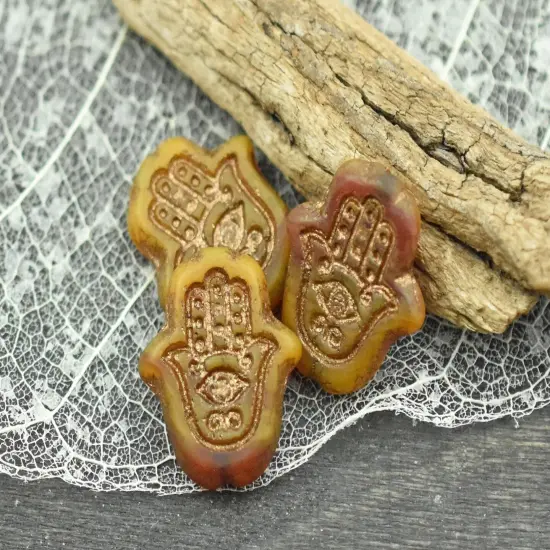 *10* 15x14mm Bronze Patina Washed Matte Varigated Orange Topaz Hamsa Hand Beads {3}