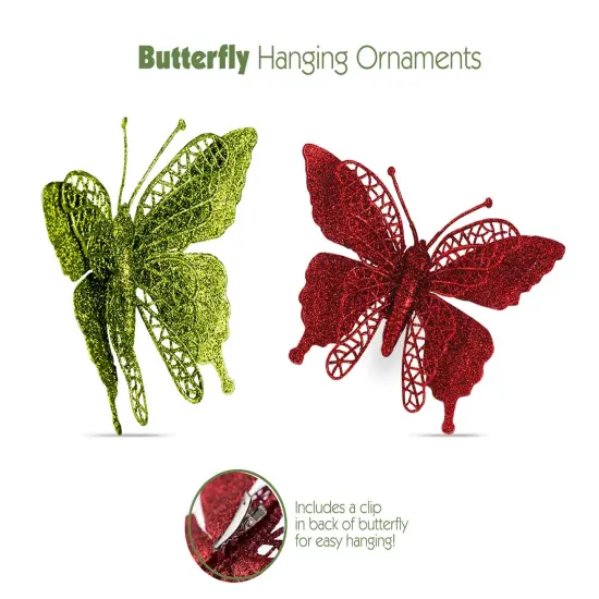 Butterfly Ornament Clips, Shatterproof Christmas Tree Ornaments Green And Red, Butterfly Decoration For Home, Party, Wedding, Or Holiday Dcor (Red, Green) {1}