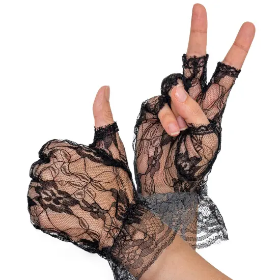 Fingerless Lace Black Gloves - Ladies and Girls Ruffled Lace Finger Free Bridal Wrist Gloves {4}