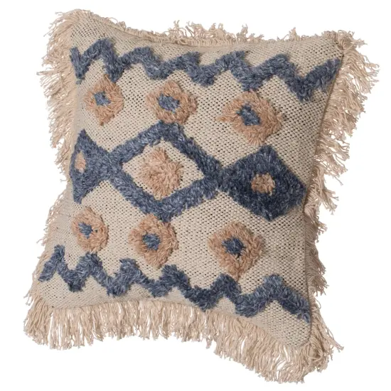 16" Handwoven Cotton & Silk Throw Fringed Pillow Cover Embossed Zig Zag & Crossed Lines Design {7}