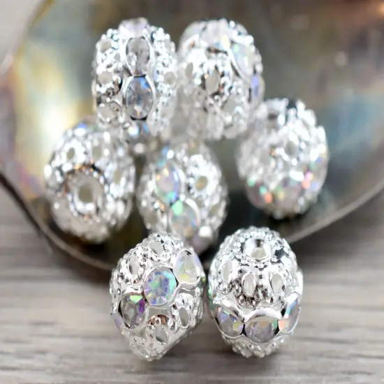 Bright Silver w/Crystal AB Rhinestone Filigree Round Beads -- Choose Your Size {5}