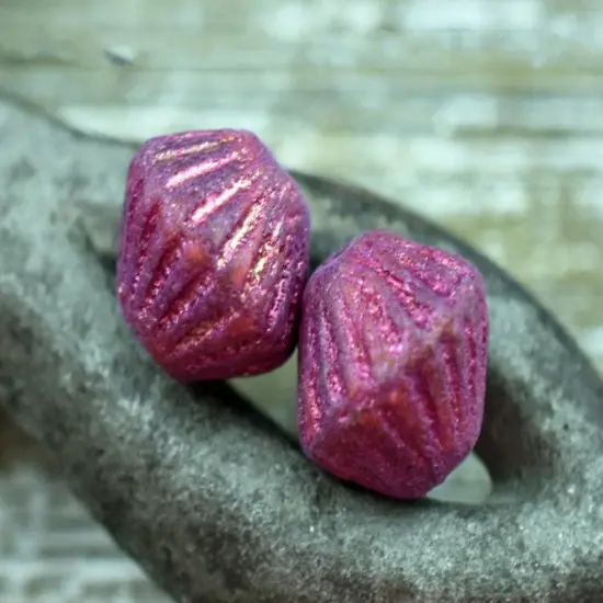 *15* 11mm Pink Washed Etched Magenta Purple Carved Bicone Beads {5}