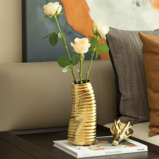 9-Inch Tall Ceramic Bent Melted Modern Style Sculpture Table Centerpiece Flower Vase, a Unique and Decorative Vase in an Elegant Gold Finish, Perfect for Adding Sophistication to Home or Office D&eacute;cor, Ideal for Showcasing Fresh or Dried Flowers with {2}