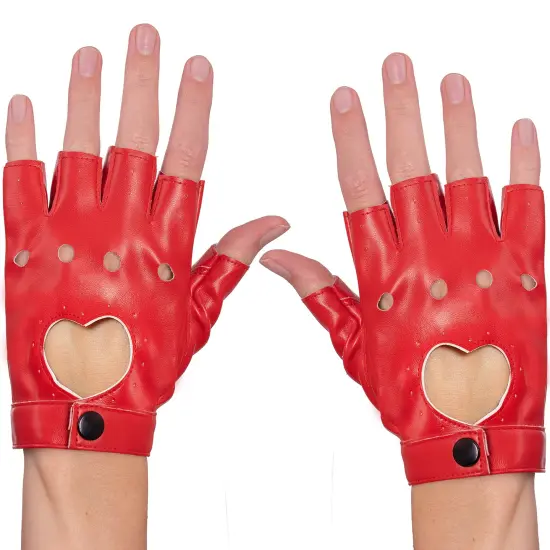 Fingerless Biker Jazz Gloves - 80s Style Gothic Red Faux Leather Punk Biker Gloves with Heart Cutout for Women and Kids {1}
