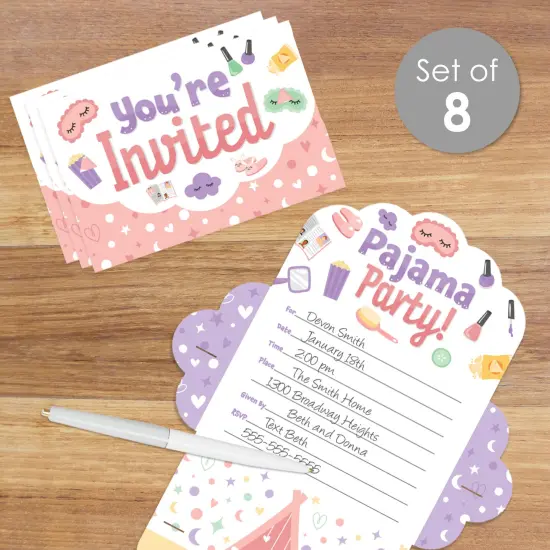 Big Dot of Happiness Pajama Slumber Party - Fill-In Cards - Girls Sleepover Birthday Party Fold and Send Invitations - Set of 8 {3}