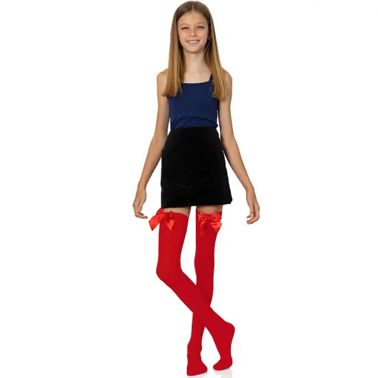 Bow Accent Thigh Highs - Red Over The Knee High Stockings with Red Satin Ribbon Bow Accent for Women and Girls {2}