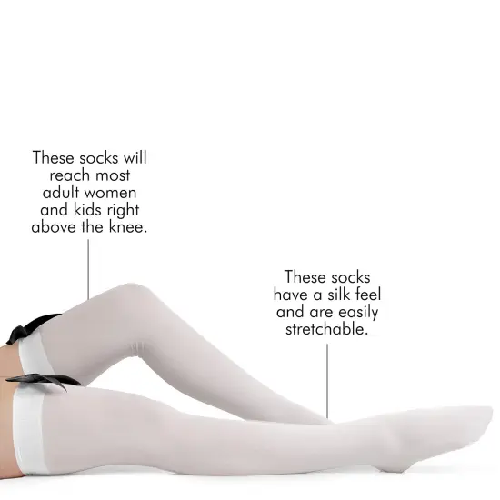 Bow Accent Thigh Highs - White Over the Knee High Stockings with Black Satin Ribbon Bow Accent for Women and Girls {2}