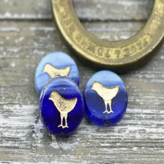 *10* 12mm Bronze Washed Turquoise Cobalt Table Cut Bird Coin Beads {2}