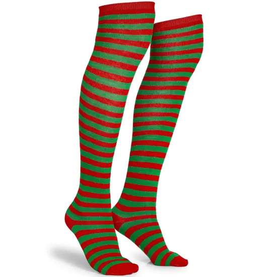 Red and Green Socks - Over The Knee Elf Striped Thigh High Costume Accessories Stockings for Men, Women and Kids {1}