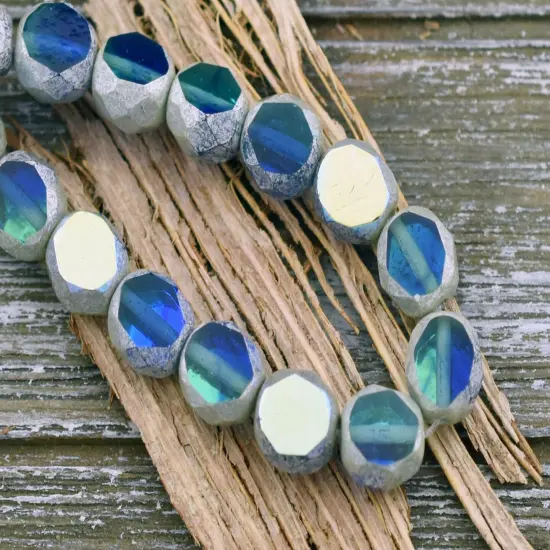 *15* 8mm Antique Silver Washed Sapphire Aqua AB 2 Cut Fire Polished Faceted Round Beads {4}