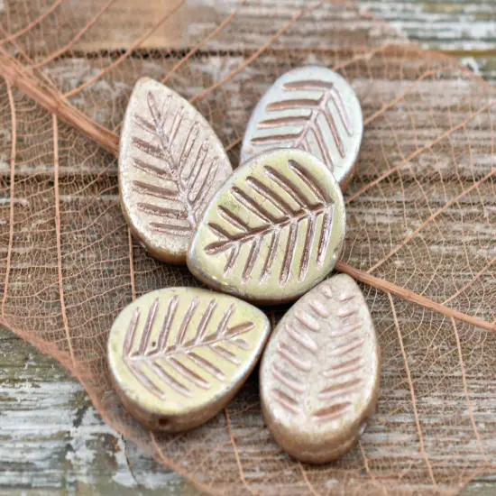 *15* 16x12mm Pink AB Washed Metallic Champagne Top Drilled Dogwood Leaf Beads {3}