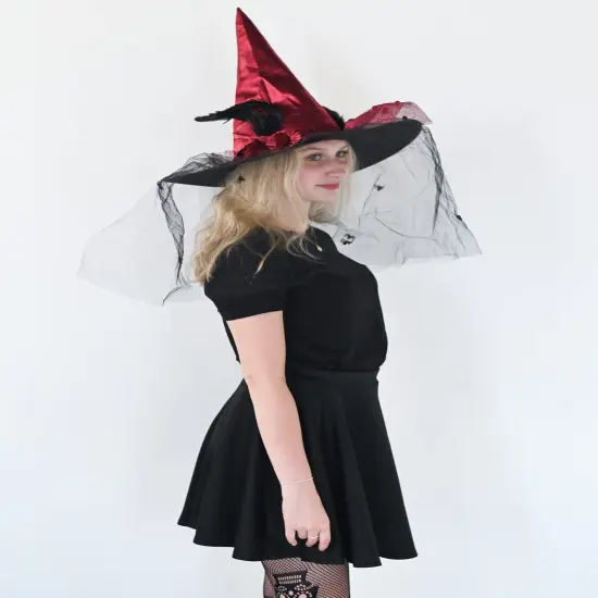 Deluxe Pointed Witch Hat - Glamorous Red Witches Accessories Fancy Satin Hat with Bow, Spiders and Black Feathers {2}