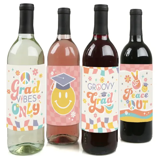 Big Dot of Happiness Groovy Grad - Hippie Graduation Party Decorations for Women and Men - Wine Bottle Label Stickers - Set of 4 {1}