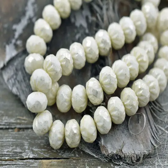 *25* 6x9mm Silver Mercury Washed Opaque Ivory Cruller Rondelle Beads {2}