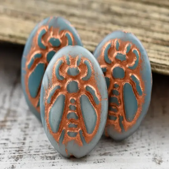 *4* 22x18mm Copper Washed Denim Blue Silk Bumblebee Oval Beads {4}