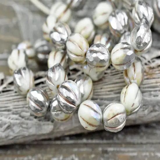 *12* 10mm Metallic Beige Washed Silvered Ivory Faceted Round Melon Beads {1}