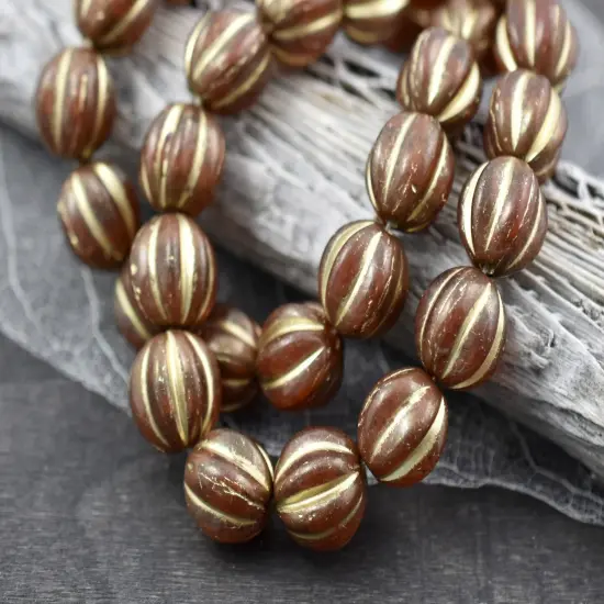 *15* 10mm Gold Washed Burnt Ginger Orange Round Melon Beads {1}