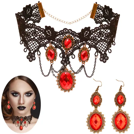 Gothic Vampire Jewelry Set - Black Lace Choker with Red Rhinestone Earrings Pirate Accessories Set for Women and Girls {1}