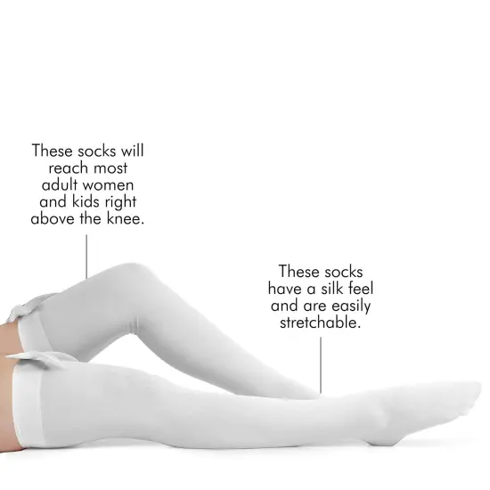 Bow Accent Thigh Highs - White Over the Knee High Stockings with White Satin Ribbon Bow Accent for Women and Girls {2}