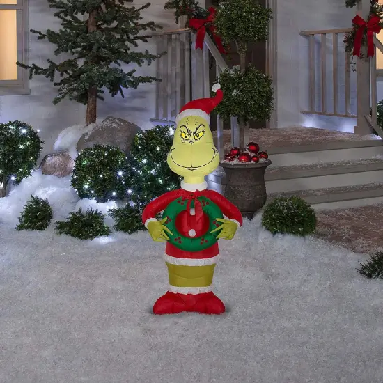 4' Gemmy Airblown Inflatable Grinch Dressed As Santa Holding A Christmas Wreath 111088 {2}