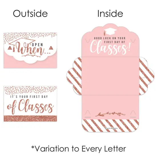 Big Dot of Happiness Rose Gold Grad - High School or College Grad Cards Gift Box Kit - Open When Letters - Set of 8 {6}