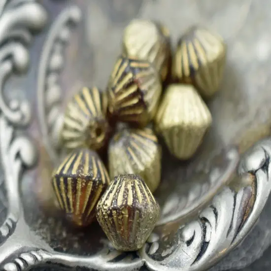 *15* 11mm Gold Washed Orange Amber Fluted Bicone Beads {6}