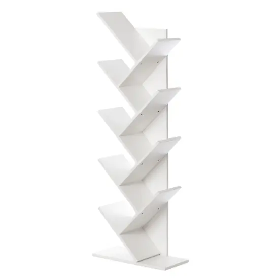Wooden 9-Shelf Tree Magazine CD Storage Bookcase White {1}
