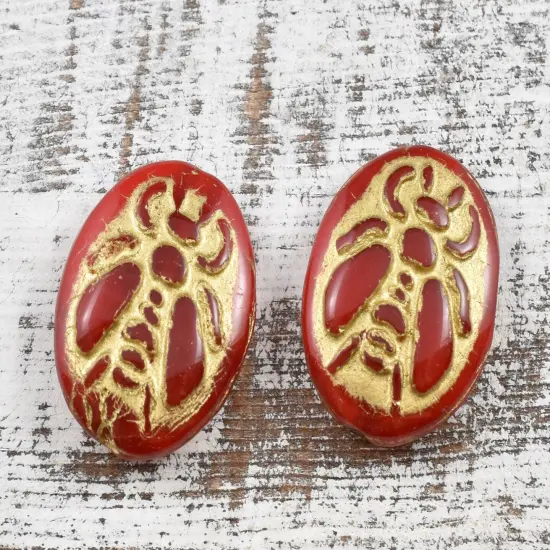 *4* 22x18mm Gold Washed Red Opal Silk Bumblebee Oval Beads {4}