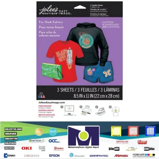 Jolee's Easy Image Transfer 8.5"X11" 3 Sh/Pkg Glitter For Dark Fabric 56-47017 Made in USA {1}